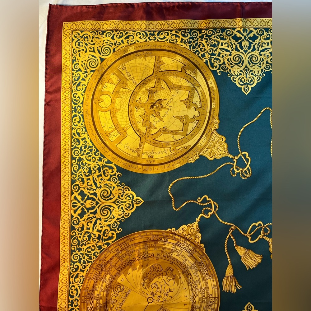 Vintage Gianfranco Ferre Silk Scarf Golden Astronomy Calendar hand rolled 34x34 - Picture 3 of 10